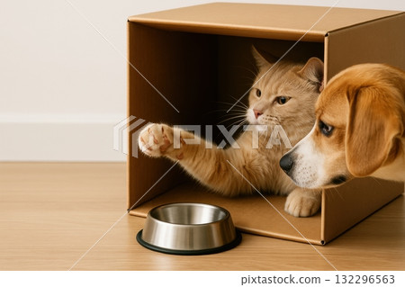 Cat playing inside cardboard box with dog watching near food bowl Cat playing inside cardboard box with dog watching near food bowl 132296563