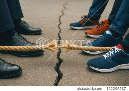Two groups pulling rope on cracked ground representing conflict and tension 132296587