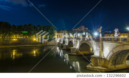 Stunning Ponte Sant'Angelo bridge timelapse hyperlapse crossing the river Tiber near Castel Sant'Angelo in Rome. 132296602