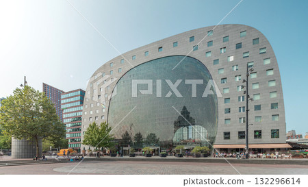 Hyperlapse of the Rotterdamse Markthal's exterior with shops and restaurants. Netherlands 132296614