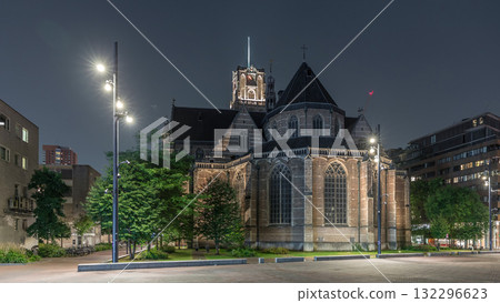 Hyperlapse of Laurenskerk on Grotekerkplein at night in Rotterdam. Netherlands Hyperlapse of Laurenskerk on Grotekerkplein at night in Rotterdam. Netherlands 132296623
