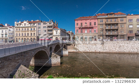 View of the Latin bridge timelapse hyperlapse, one of the oldest bridges of Bosnia and Herzegovina 132296630