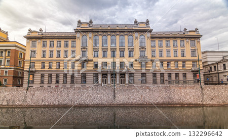 Miljacka river and post office in Sarajevo the capital city of Bosnia and Herzegovina timelapse hyperlapse 132296642