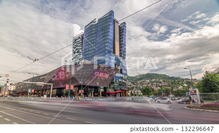 Skyscrapers and shopping mall with large luminous screen in Sarajevo City Center timelapse hyperlapse 132296647