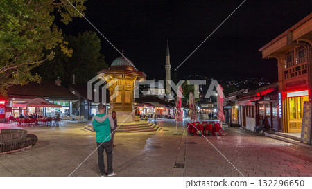 The Sebilj fountain in Sarajevo old city in Bosnia and Herzegovina night timelapse hyperlapse. The Sebilj fountain in Sarajevo old city in Bosnia and Herzegovina night timelapse hyperlapse. 132296650