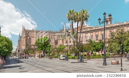 General Archive of the Indies timelapse with tram passing, Seville, Spain 132296658