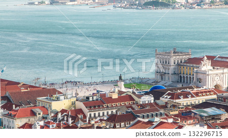 Bird view of Lisboa downtown. Baixa rooftops with the Commerce square. Portugal timelapse 132296715