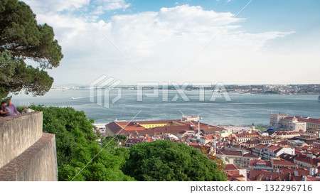 Bird view of Lisboa downtown. Baixa rooftops with the Commerce square. Portugal timelapse 132296716
