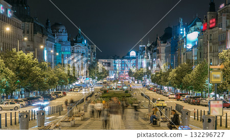 Wenceslas Square in Prague at night timelapse, dusk time, top view. Wenceslas Square in Prague at night timelapse, dusk time, top view. 132296727