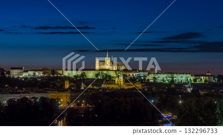 Evening view of Prague Castle over Vltava river timelapse, Czech Republic 132296733