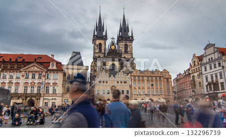 Old town square in Prague timelapse hyperlapse, Tyn Cathedral of the Virgin Mary and monument of Jan Hus. 132296739
