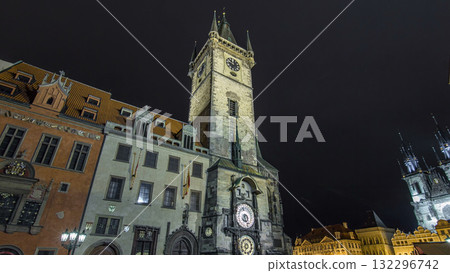 Night time illuminations of the the Old Town Hall timelapse hyperlapse, Town Square and fairy tale Church of our Lady Tyn Night time illuminations of the the Old Town Hall timelapse hyperlapse, Town Square and fairy tale Church of our Lady Tyn 132296742