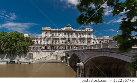 Palace of Justice timelapse hyperlapse - courthouse building with Ponte Sant' Umberto bridge. Rome, Italy. 132296779
