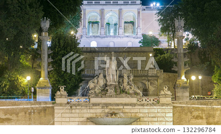 Fountain of Dea Roma timelapse in Piazza del Popolo with Pincio terrace in the background 132296784