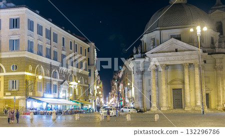 Piazza del Popolo timelapse with twin churches of Santa Maria in Montesanto and Santa Maria dei Miracoli Piazza del Popolo at night. Rome, Italy. 132296786
