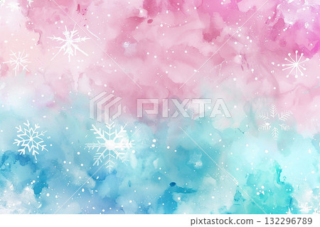 Pink and blue watercolor winter background. Soft gradient texture with falling snowflakes (pastel, winter, background element) 132296789