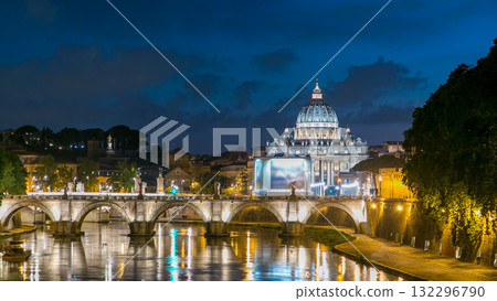 St. Peter's Basilica, Saint Angelo Bridge and Tiber River after the sunset day to night timelapse St. Peter's Basilica, Saint Angelo Bridge and Tiber River after the sunset day to night timelapse 132296790