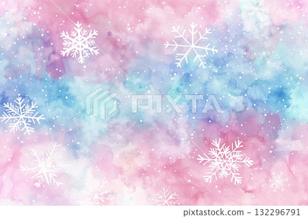 Pink and blue watercolor winter background. Soft gradient texture with falling snowflakes (pastel, winter, background element) 132296791
