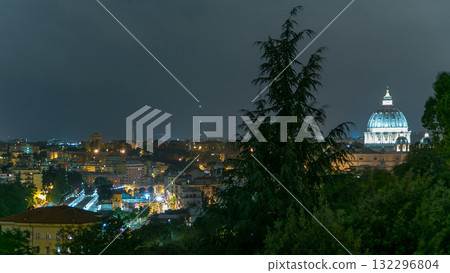 Panoramic view of historic center with Vatican night timelapse of Rome, Italy 132296804