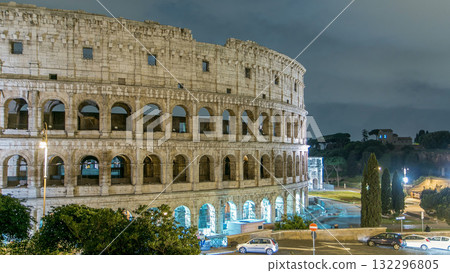 Colosseum illuminated at night timelapse in Rome, Italy 132296805