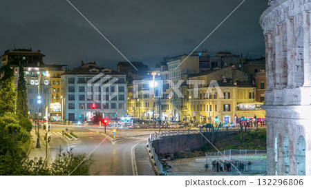 Square near Colosseum illuminated at night timelapse in Rome, Italy 132296806