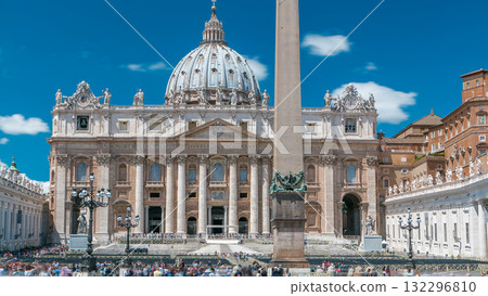 St. Peter's Square full of tourists with St. Peter's Basilica and the Egyptian obelisk within the Vatican City timelapse 132296810
