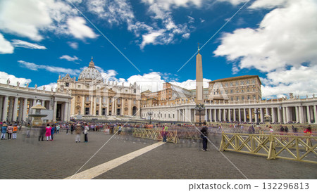 St. Peter's Square full of tourists with St. Peter's Basilica and the Egyptian obelisk within the Vatican City timelapse hyperlapse 132296813