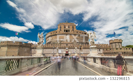Saint Angel Castle Castel Sant Angelo and bridge Ponte Sant Angelo over the Tiber river timelapse hyperlapse, Rome, Italy 132296815