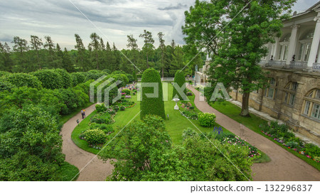 Antique gallery with sculptures and garden in the Catherine park timelapse, Saint-Petersburg. Antique gallery with sculptures and garden in the Catherine park timelapse, Saint-Petersburg. 132296837