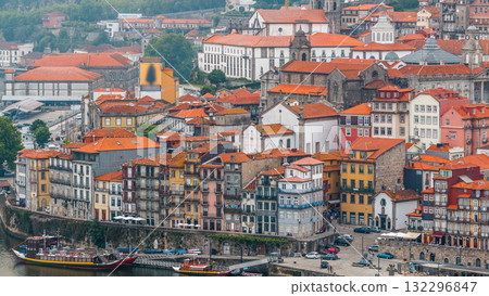 Douro River timelapse waterfront of the historic centre of Porto city on the blue sky background in Portugal at summer time. 132296847