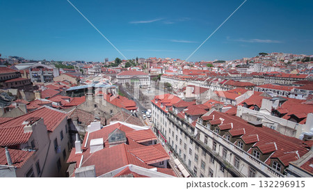 Rossio square in the central Lisbon with a monument of the king Pedro IV from Santa Justa Elevator. Portugal timelapse 132296915