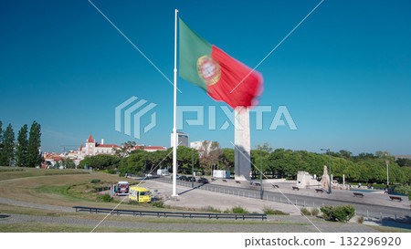Big Portuguese flag on top of the Eduardo VII Park in Lisbon Portugal timelapse 132296920