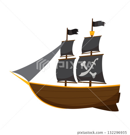 Stylized cartoon pirate ship illustration with black sails. Cute vector icon. Pirate Ship sailing on water 132296935