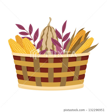 Basket autumn harvest icon. Grocery products in eco basket. Fresh organic healthy vegetarian food. Wicker baskets with autumn harvest of vegetables isolated on white Basket autumn harvest icon. Grocery products in eco basket. Fresh organic healthy vegetarian food. Wicker baskets with autumn harvest of vegetables isolated on white 132296951