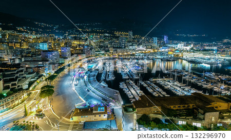 Panorama of Monte Carlo timelapse at night from the observation deck in the village of Monaco with Port Hercules. Panorama of Monte Carlo timelapse at night from the observation deck in the village of Monaco with Port Hercules. 132296970