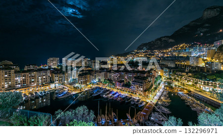 Panoramic view of Fontvieille night timelapse - new district of Monaco. Panoramic view of Fontvieille night timelapse - new district of Monaco. 132296971