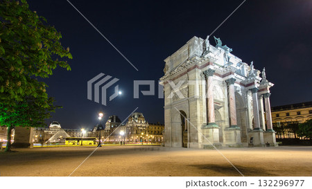 Illuminated Arc de Triomphe du Carrousel at night timelapse 132296977