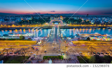 Aerial view of river Seine, Trocadero and La Defense from the Eiffel tower. Day to night timelapse. Paris, France, Europe. 132296978