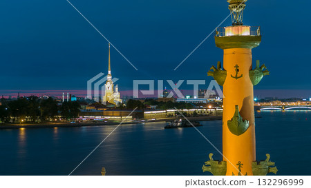 The front view of the top of the rostral column, Peter and Paul Cathedral and the Neva timelapse. 132296999