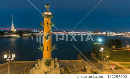 The front view of the top of the rostral column, Peter and Paul Cathedral and the Neva timelapse. 132297000