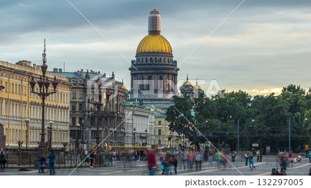 Saint Isaac's cathedral from the Palace square timelapse hyperlapse in Saint Petersburg, Russia. 132297005