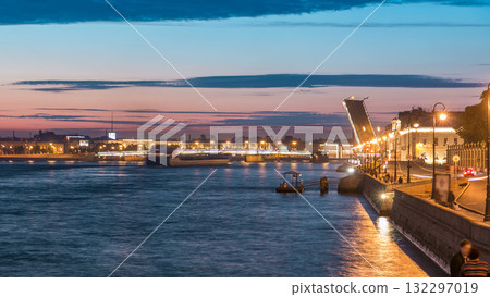 Span of the Liteyny Bridge is lifted over the river Neva timelapse 132297019