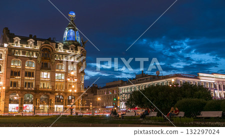 Singer House at the Saint Petersburg night timelapse. Singer House at the Saint Petersburg night timelapse. 132297024