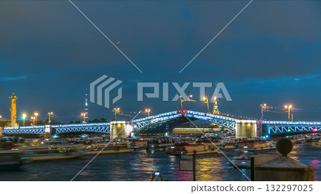 View of the opening Palace Bridge timelapse, which spans between - the spire of Peter and Paul Fortress 132297025