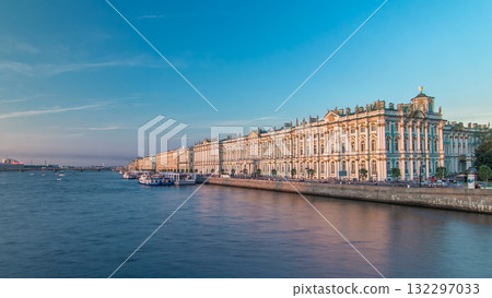 The winter Palace timelapse hyperlapse and pier on the Palace embankment clear day in summer in Saint-Petersburg 132297033