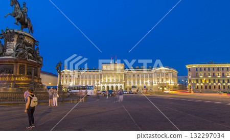 Mariinsky palace and monument to Nikolay I from Isaac's square day to night timelapse hyperlapse. Saint-Petersburg, Russia 132297034