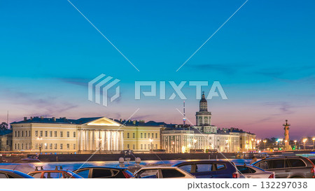 Building of Kunstkamera and the cityscape night to day timelapse viewed from the Admirality embankment. 132297038