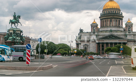 Saint Isaac's Cathedral and the Monument to Emperor Nicholas I timelapse, St. Petersburg, Russia Saint Isaac's Cathedral and the Monument to Emperor Nicholas I timelapse, St. Petersburg, Russia 132297044