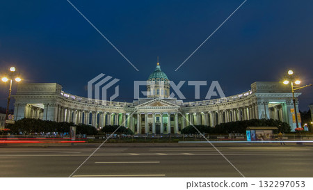 Kazan Cathedral Kazanskiy Kafedralniy Sobor in St. Petersburg during the White Nights in the summer timelapse hyperlapse 132297053