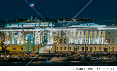 Building of the Russian constitutional court timelapse, Monument to Peter I, building of library of a name of Boris Yeltsin, night illumination. Russia, Saint-Petersburg 132297055